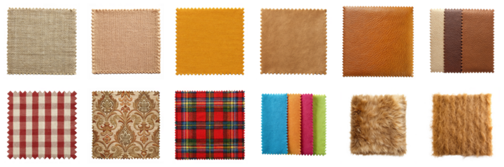 Fabric swatches isolated on transparent background. Includes brocade, canvas, fur, gingham, jersey knit, leather, microfiber, mohair, plaid wool, small knit, and suede textures PNG set