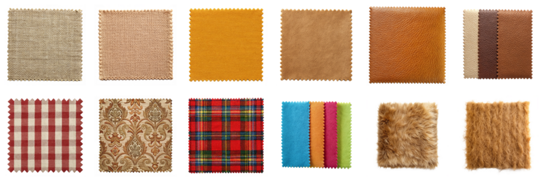 Fabric swatches isolated on transparent background. Includes brocade, canvas, fur, gingham, jersey knit, leather, microfiber, mohair, plaid wool, small knit, and suede textures PNG set