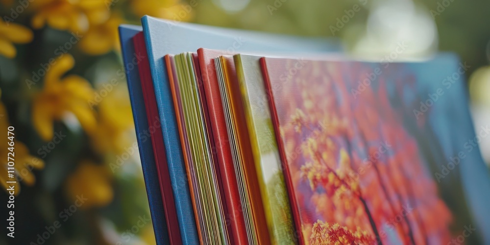 Poster a close-up of a professional photo album with custom designs, featuring glossy pages and vibrant ima
