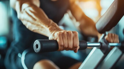 A close-up of a person's hands gripping the handle of a rowing machine during an intense workout.