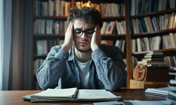 Overwhelmed Student in Library, Studying Late
