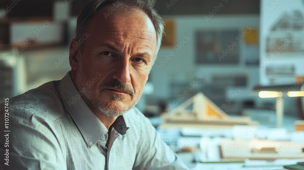 Poster a close-up portrait of an architect in their workspace, with blueprints and models in the background
