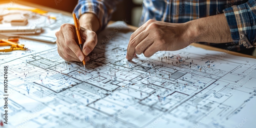 Poster a close-up of an architect's hands working on a detailed building model with various materials