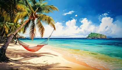 Naklejka premium Tropical beach with palm trees and hammocks, rendered in vibrant watercolor tones