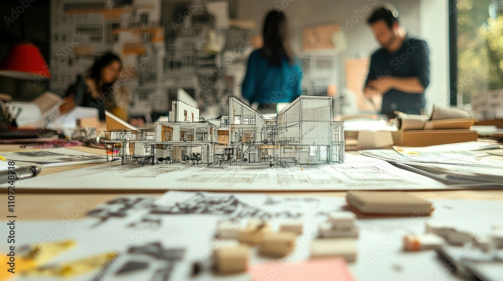Poster a collaborative environment where architects are brainstorming during a meeting, with notes and sket