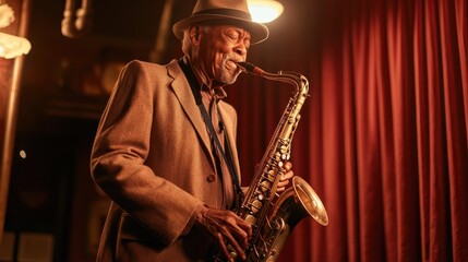 Black jazz performer plays the saxophone on stage