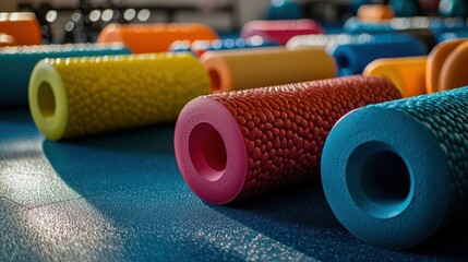 A collection of foam rollers arranged on a gym floor, highlighting various colors and sizes.
