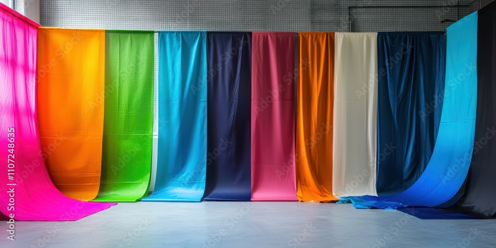Poster a colorful array of professional photo backdrops displayed in a studio, ready for different photogra