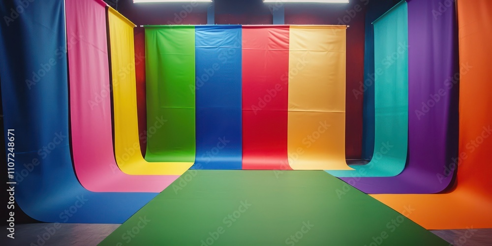 Poster a colorful array of professional photo backdrops displayed in a studio, ready for different photogra