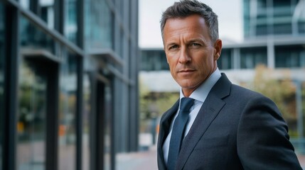 A confident businessman portrait of a man in a tailored suit, standing in front of a modern office building with a serious expression