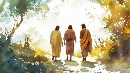 watercolor illustration of Jesus walking with two disciples on the road to Emmaus after His resurrection. The scene is filled with soft, warm hues of the countryside, conveying peace and revelation