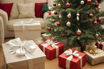 Obraz premium Christmas presents surrounding decorated christmas tree in living room