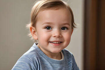 Portrait of smiling baby boy with blond hair and blue shirt