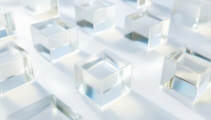 Obraz premium 3D Rendering of Transparent Glass Square Shapes with Holographic Effect on White Background