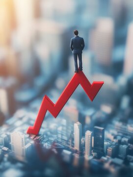 Attractive tiny european businessman standing and balancing on abstract red downward chart arrow on light city background with mock up place. Down, drop, finance and crisis concept
