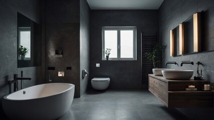 Gray wall and white ceramic toilet in bathroom