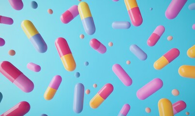 3D Render of Abstract Colorful Pills on Blue Background, Minimalistic Design with Soft Shadows and Volumetric Lighting