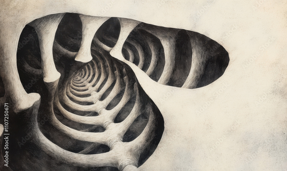 Poster surreal abstract bone-like structures with intricate patterns and depth in monochrome artwork