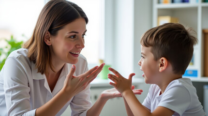 Therapist Demonstrates Interactive Communication With Young Boy in Office