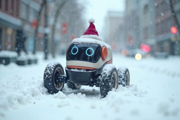 Cheerful Holiday Robot Assistant in Snowy Urban Setting