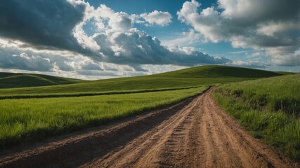 Obraz premium Green hill with dirt road under cloudy sky