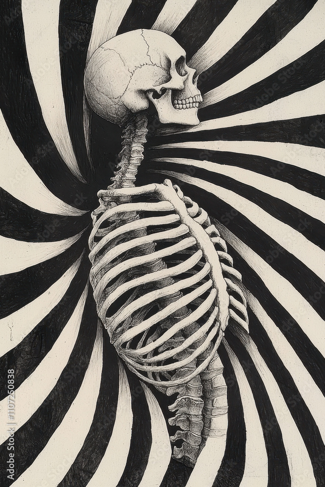 Poster surreal skeleton amidst black and white spiral patterns creating a dynamic optical illusion in a mon
