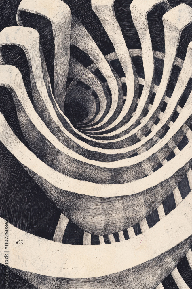 Poster exploring the infinite depths of surreal geometry in a spiraling abstract dimension of illusions