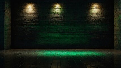 Green lighting effect on brick wall and floor