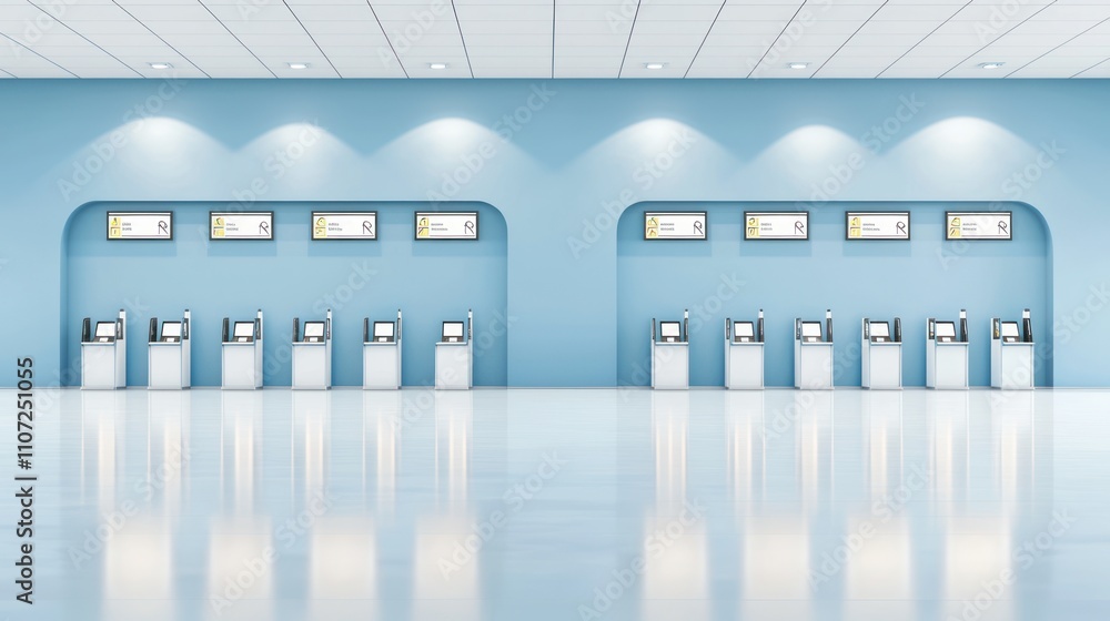 Poster a modern, spacious room with blue walls featuring multiple kiosks and screens, creating a sleek and 