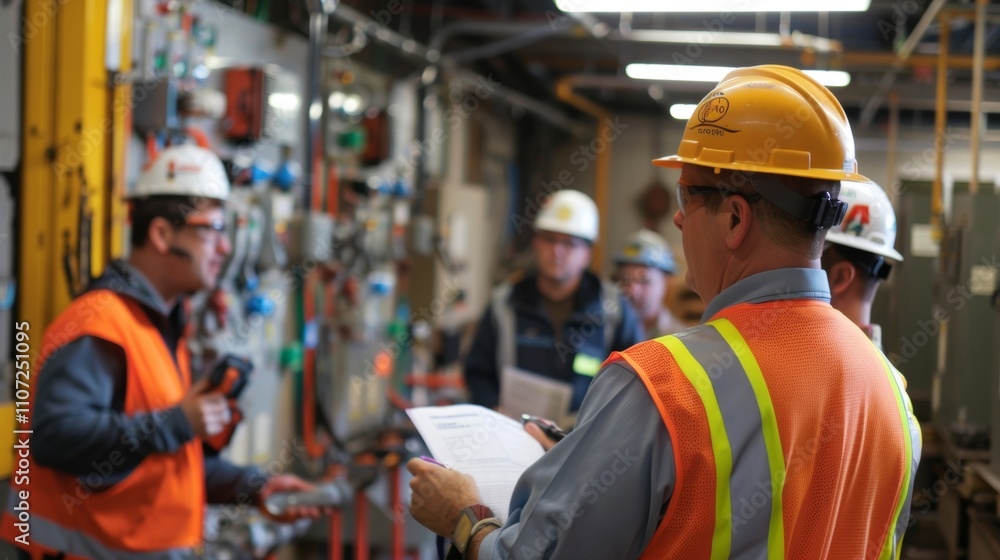 Poster the safety trainer demonstrating the correct way to operate a power tool while the workers watch and