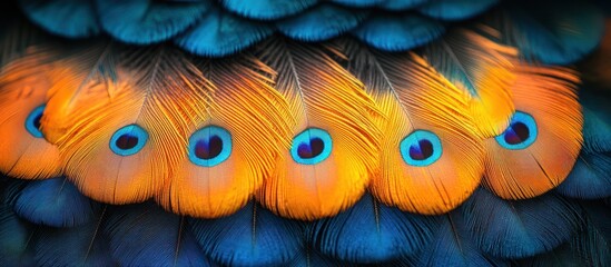 Obraz premium Vibrant orange and blue bird feathers with iridescent eyespots.