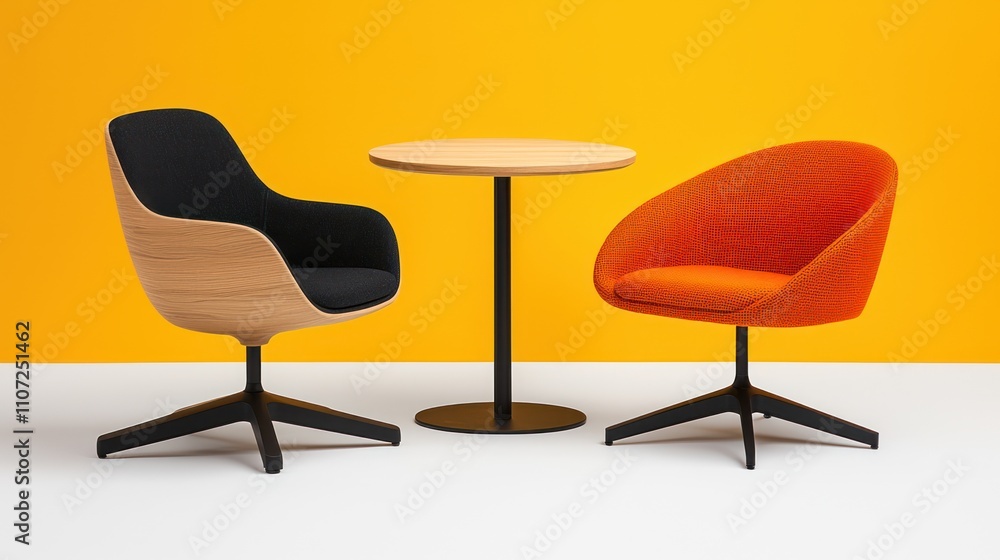 Poster modern chairs and a round table set against a vibrant yellow background create a stylish and invitin