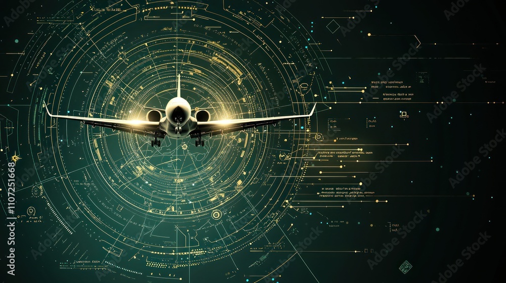 Poster a sleek aircraft is depicted against a futuristic digital backdrop, featuring circular data patterns