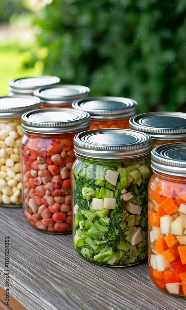 Poster a row of mason jars filled with various vegetables and beans. the jars are lined up on a wooden tabl