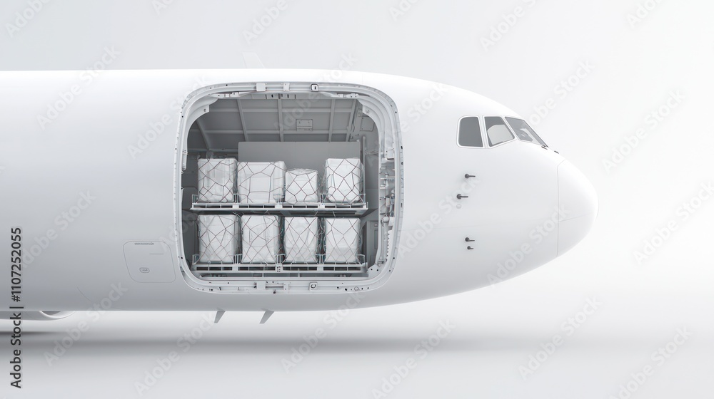 Poster a section of a cargo aircraft displaying an open loading bay filled with pallets, emphasizing air fr