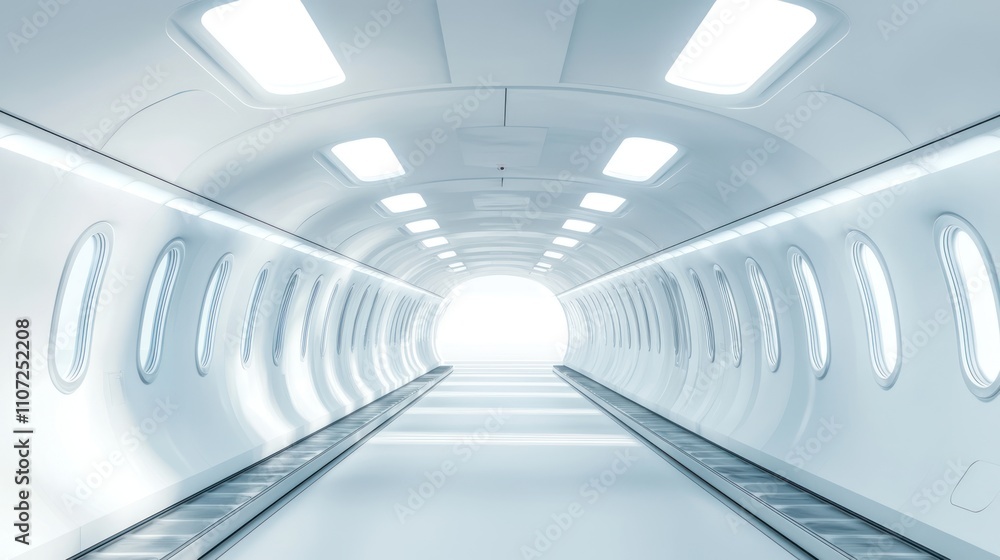 Poster a futuristic, illuminated tunnel with a bright light at the end, featuring smooth white walls and ci