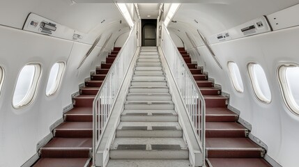 Obraz premium A staircase inside an aircraft, leading to an upper deck, featuring a modern, minimalist design with large windows and a clean aesthetic.