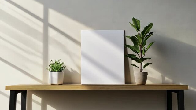A white frame sits on a shelf next to a potted plant. The frame is empty, and the plant is a small green fern. Concept of simplicity and minimalism, with the white frame