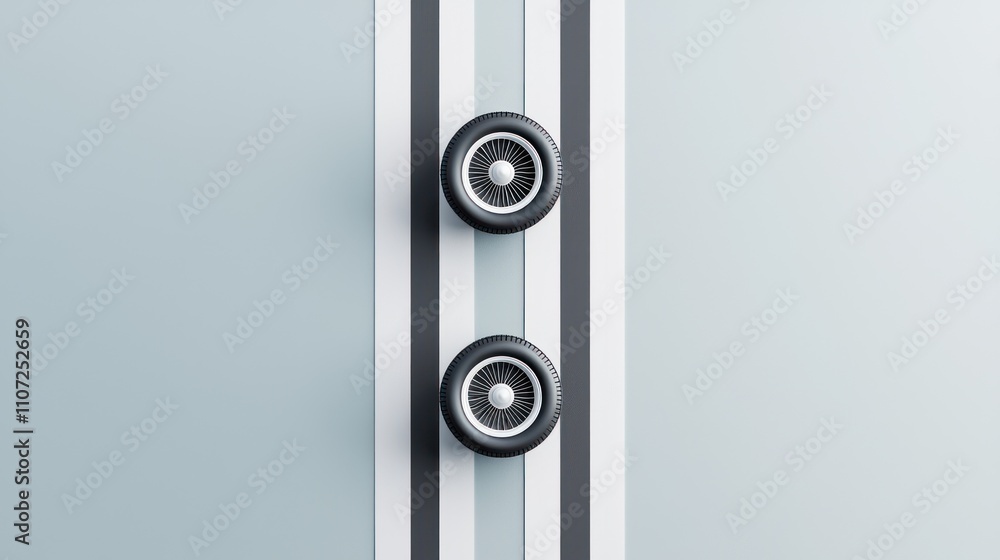 Poster a minimalist image featuring two sleek wheels on a vertical striped background, emphasizing modern d