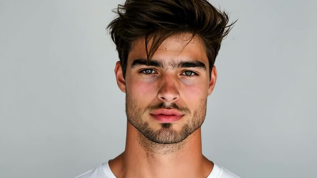 A man with a beard and a white shirt is standing in front of a white wall. He has a serious expression on his face