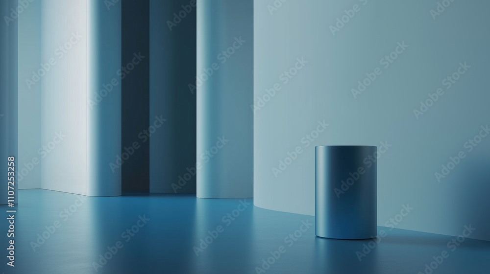 Poster minimalist interior with cylindrical object in tranquil blue setting