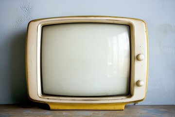 Vintage old television with yellowed frame against pastel blue wall