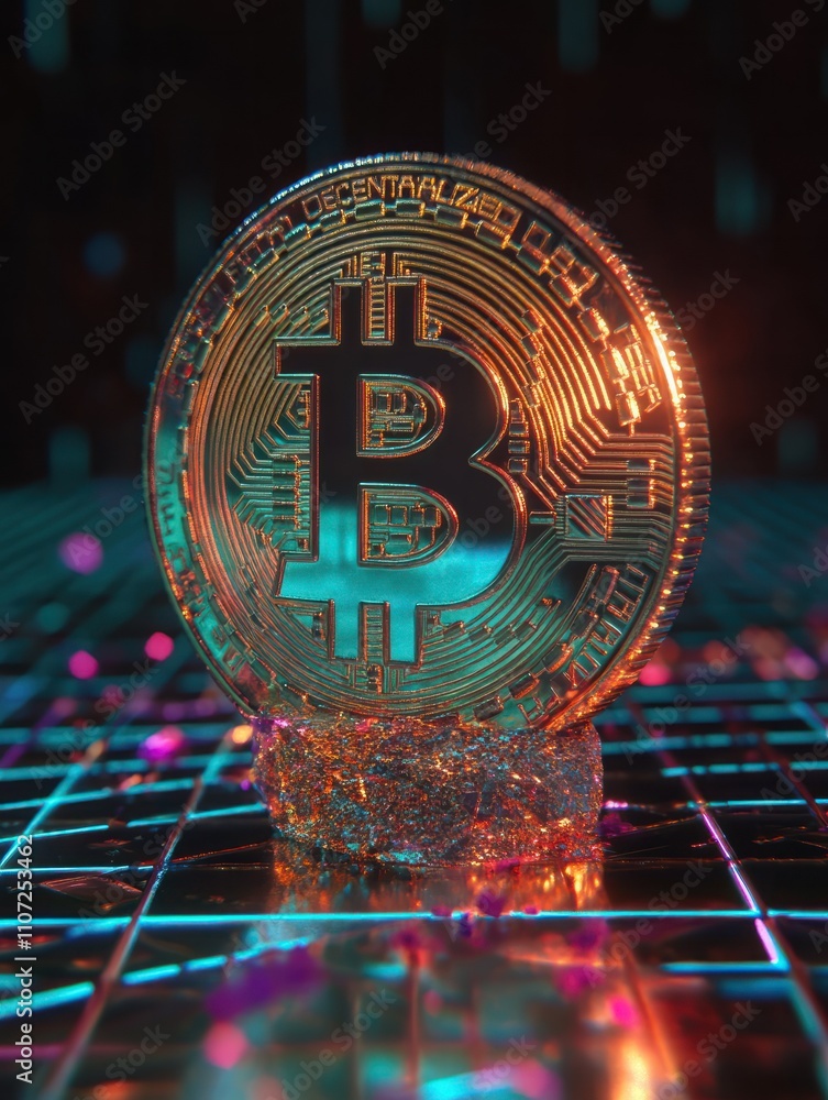 Poster creative glowing bitcoin hologram on dark grid backdrop. cryptocurrency and growth concept. 3d rende
