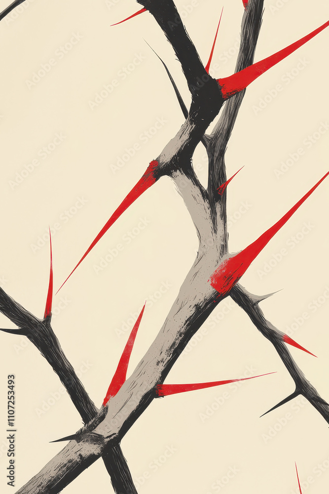 Poster explore the intricate charm and sharp elegance of abstract botanical art with vivid red thorns adorn