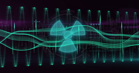 Image of light trails and data processing over black background