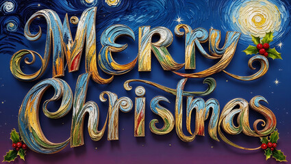 Artistic Merry Christmas design featuring vibrant, swirling lettering and festive holly. Perfect for holiday cards, decorations, and seasonal artwork that captures the holiday spirit.