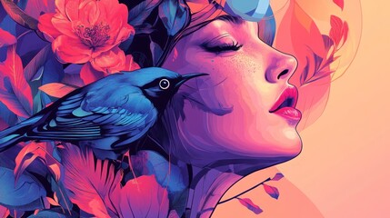 Fototapeta premium Serene woman profile with vibrant flowers and a blue bird.
