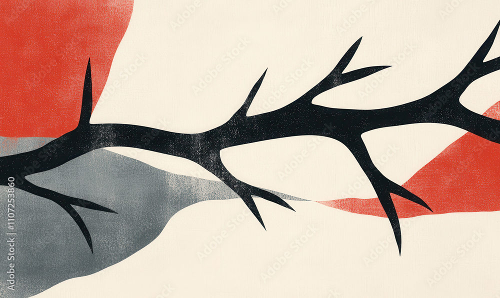 Poster dynamic abstract art with minimalist branch design in red and black contrasts