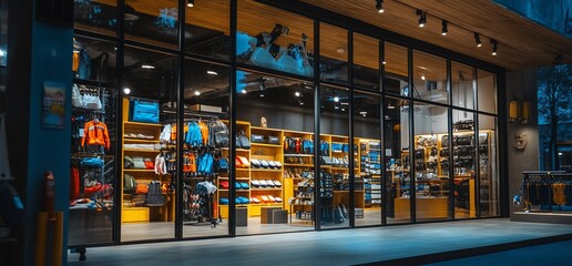 A modern retail store showcasing outdoor apparel and gear.