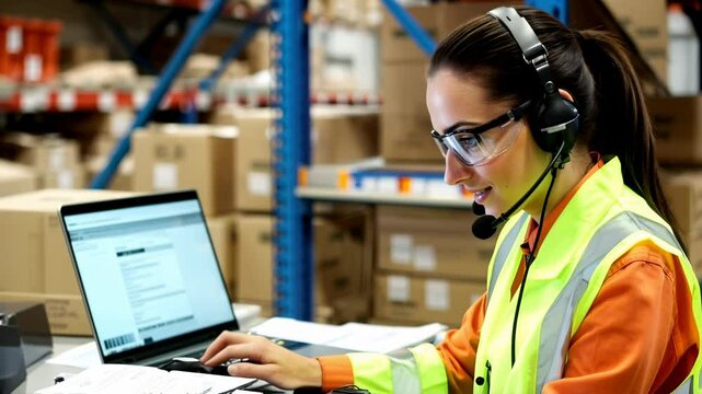 Woman working in warehouse control stock while using laptop and talking on a call - Logistic, administration and industry concept - Model by AI generative 